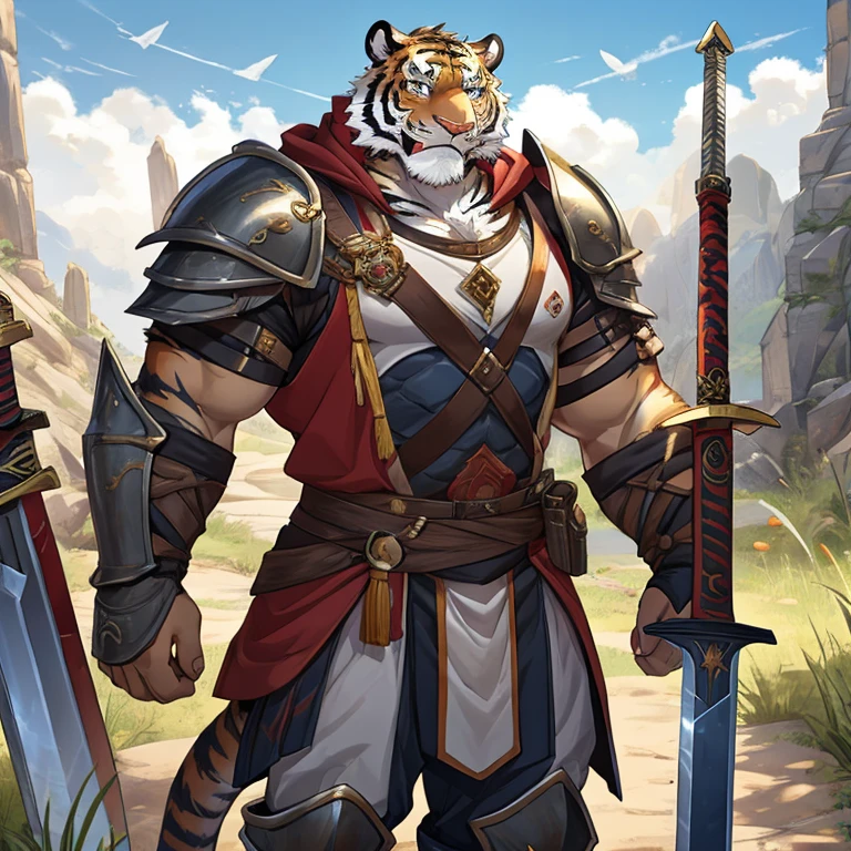 Teenager,Tiger,cute,forest,gray fur,mercenary,Leather armor,smile,tall,strong, male, anthro, furry,by null-ghost