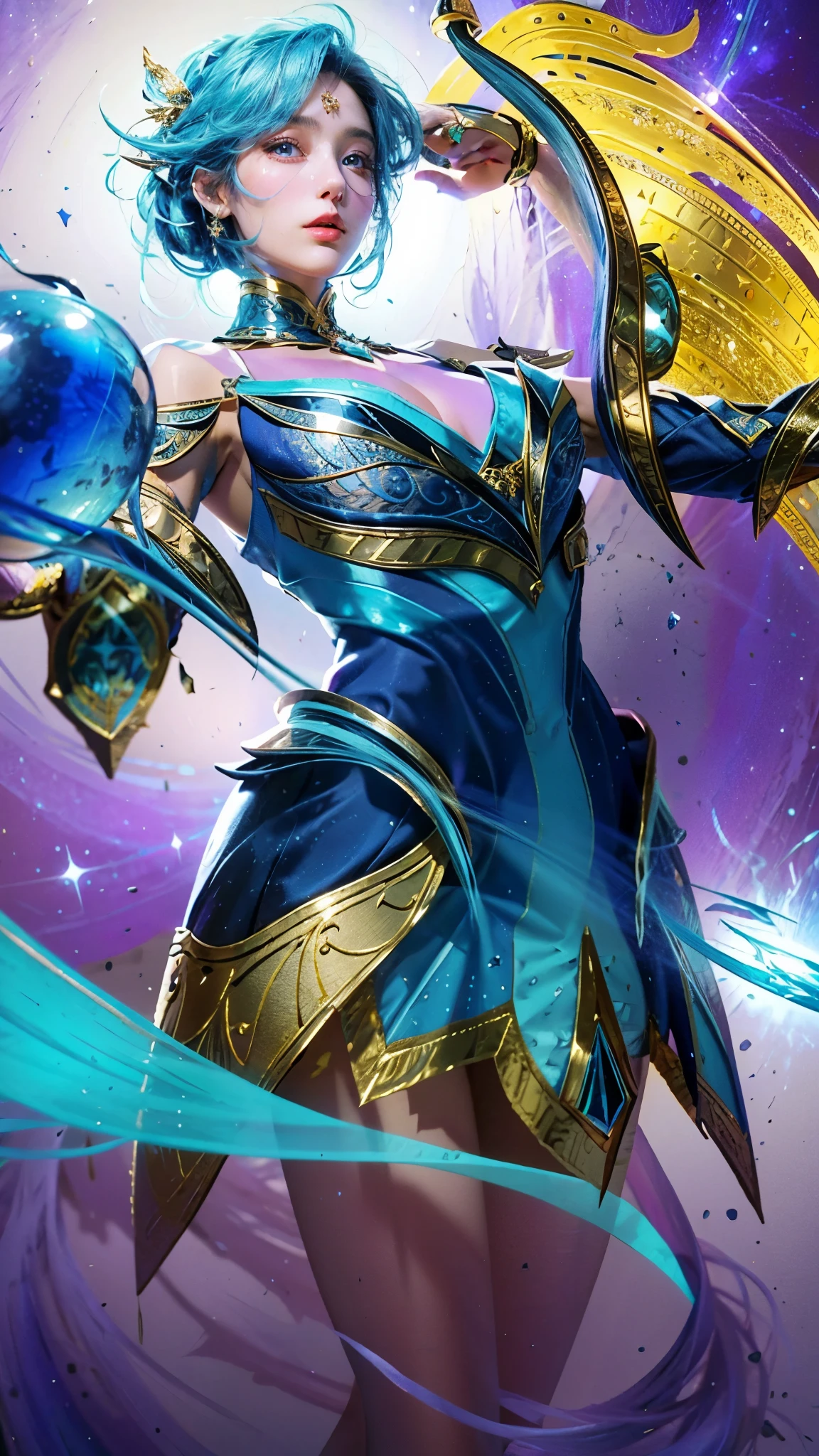 (best quality,4k,8k,highres,masterpiece:1.2),ultra-detailed,(realistic,photorealistic,photo-realistic:1.37),Libra astrologer,luminous personality,beautiful detailed eyes,dark blue hair flowing,-blue dress,amazing detailed features,,enchanted atmosphere,perfect balance of light and shadow,vibrant colors,star-filled night sky,celestial patterns,celestial symbols,captivating gaze,heroic pose,graceful movement,ethereal beauty,elegant and regal,astrological elements,glowing crystals and stars,jewelry that sparkles,