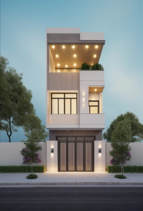 Realistic images, extremely detailed, a modern house, 1 road in font of house, large yard made by ceramic, (1 car), brick fence, lawn, a few small flowers, a road in front of the house, main materials of the house are white walls and red brick, Modern design, clear blue sky, sunrise light, light from inside, dynamic light,shimering light, cinematic light, romantic feeling, (((day light, warm light)))