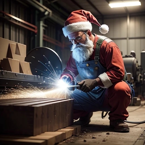 Santa Claus red hat welder uses grinding machine to cut metal in factory, arte de processo, fotografia industrial, safe operation. foto do instagram, aciaria, manufacturing, illustartion, miniatura, In the factory, Tochas de solda manual, imagem impressionante, foto de perfil, Pessoas no Trabalho, industries, vegetation,