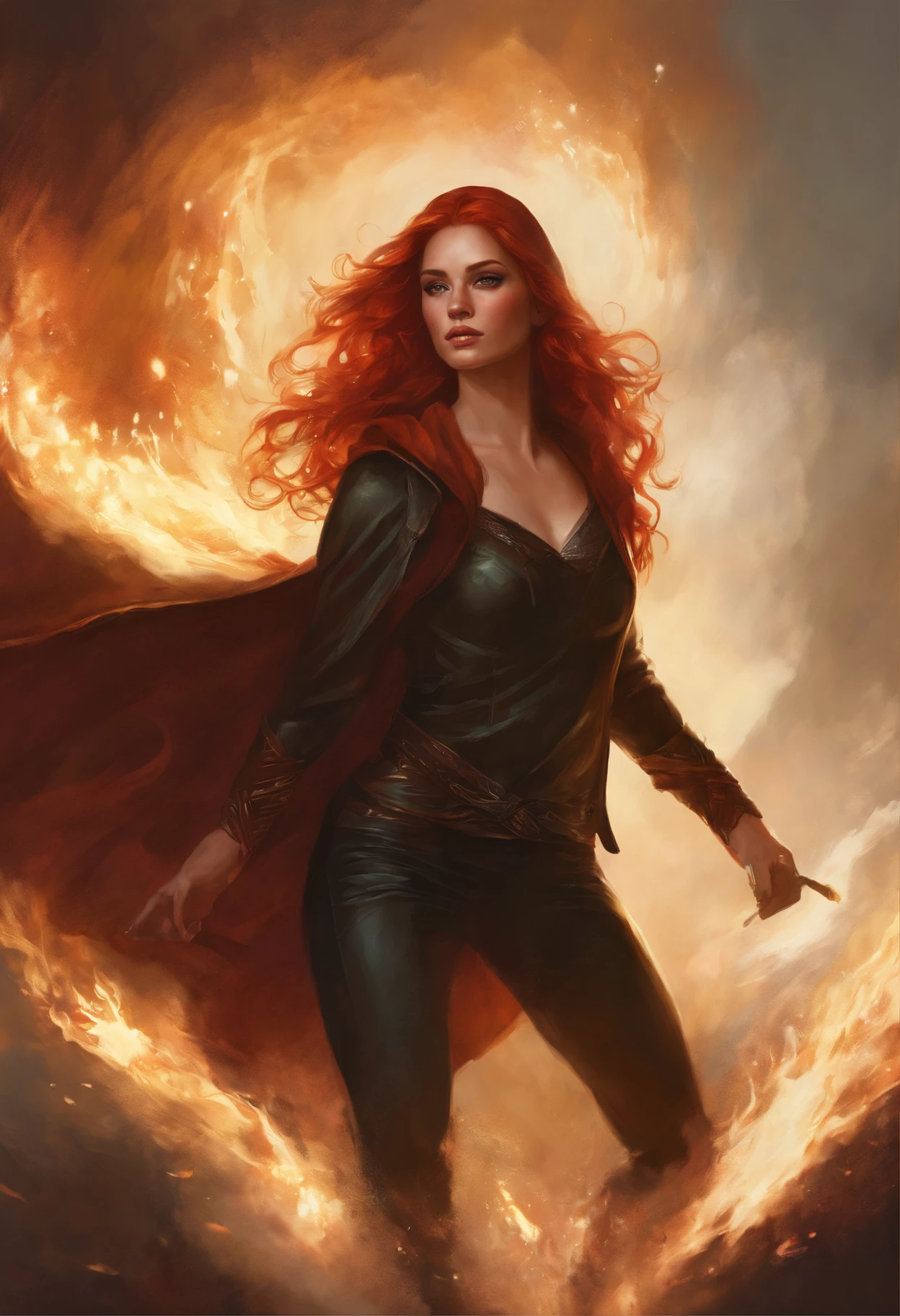 Painting of a woman with red hair and a hoodie, fire, scratch on face, beautiful character painting, red haired goddess, graphic artist magali villeneuve, alena aenami and artgerm, fantasy concept art portrait, female redhead templar, Artgerm Craig Mullins, charlie bowater character art, magali villeneuve', charlie bowater rich deep colors, gorgeous digital painting