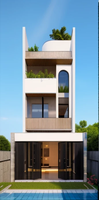 Exterior, morden house, main material about concrete, side wood, white, dynamic light, curve linear, warm light, dark light:1.3, dynamic light, shimering air