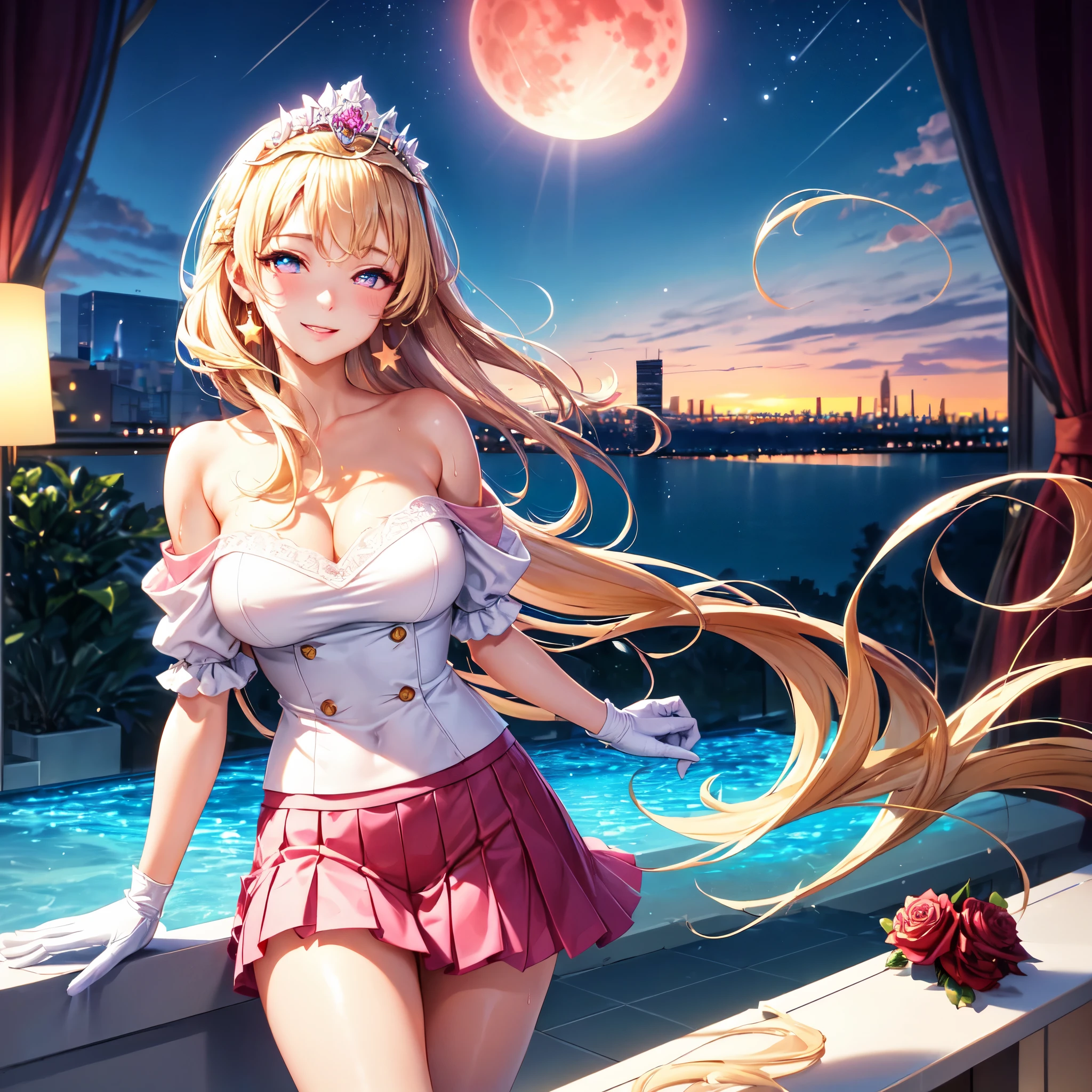 official art, masterpiece, sharp focueautiful gorgeous cute Korean woman:1.3), (beautiful cute korean:1.3), (beautiful amd aesthetic:1.2), korean beauty, Delicate and beautiful hair and eyes and face, realistic, ultra detailed, beautiful girl, blue sky, glow white particle, (sidelighting:1.2), sun light, white cloud, detailed clouds, slender, Lovely very large breasts and very large hips,showing pink slip and smiling, (((shy and aroused, pink Star-shaped pupils eyes)), (((Happiness:0.5))), scenery, long straight hair, sexy facial expression, build (hotelscape:1.7), dynamic hair, blonde long straight hair, detailed hair, streaked hair, glow pink wink eyes, rose pleated skirt+white off shoulder blouse), white long socks, pale skin, epic scenery, (Tiara:1.5), hair ornament, Princess white gloves, Wet body, Fiery color of Rose, sexy look, blood moon, moon light, knot wind