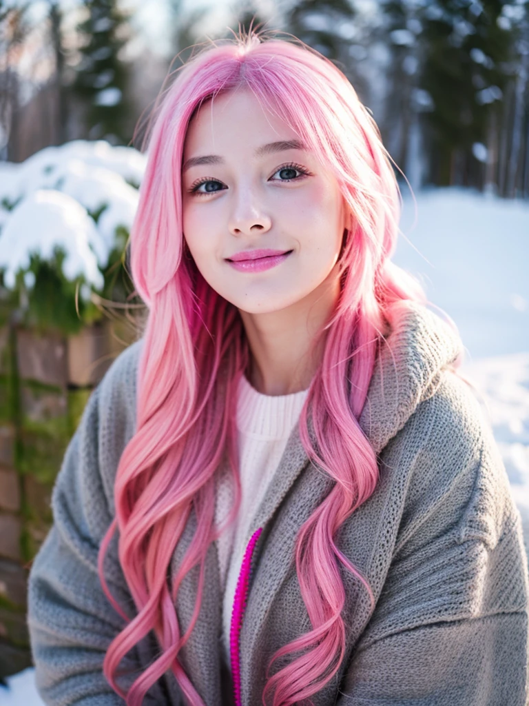 gamer girl, vibrant pink hair, long hair, makeup, winter, home