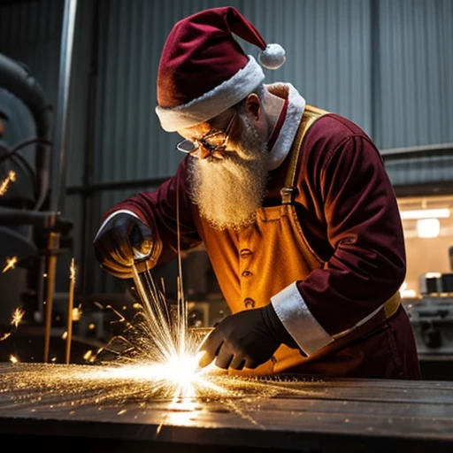 Santa Claus red hat welder uses grinding machine to cut metal in factory, arte de processo, fotografia industrial, safe operation. foto do instagram, aciaria, manufacturing, illustartion, miniatura, In the factory, Tochas de solda manual, imagem impressionante, foto de perfil, Pessoas no Trabalho, industries, vegetation,