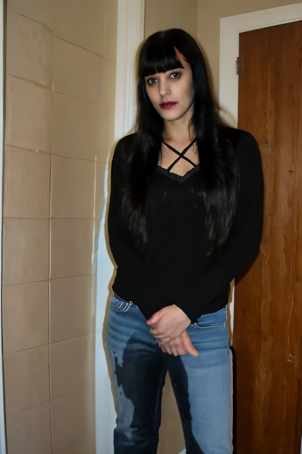 ((erected penis)), realistic, futa, (futanari:1.3), photo from below, beautiful european women, (looking at the viewer), (turned to the side:1.2), jacket, fit schoolbag, black pleated skirt, skirt lift, lifted by self, (low angle), large testicles, (realistic skin:1.3), dark hair, blush, ultra-detailed, goose bumps, flaccid, cum, precum, intricate details, detailed face, horror, technoir, dark colours, atmospheric photo, sad atmosphere, <lora:Erect Human Penis v3:0.8>