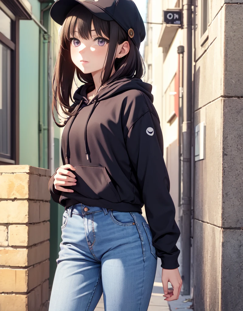 masutepiece, Best Quality, {Best Quality}, {{masutepiece}}, {hight resolution}, Illustration, 1girl in, Inoue Takina, bob katan, Black hair, (Purple eyes:1.2), blush, blue baggy hoodie，Wearing a hood over a hat、baggy jeans，High-cut sneakers，headphones hanging from neck.，Leaning against the wall，Looking at Viewer，In the street