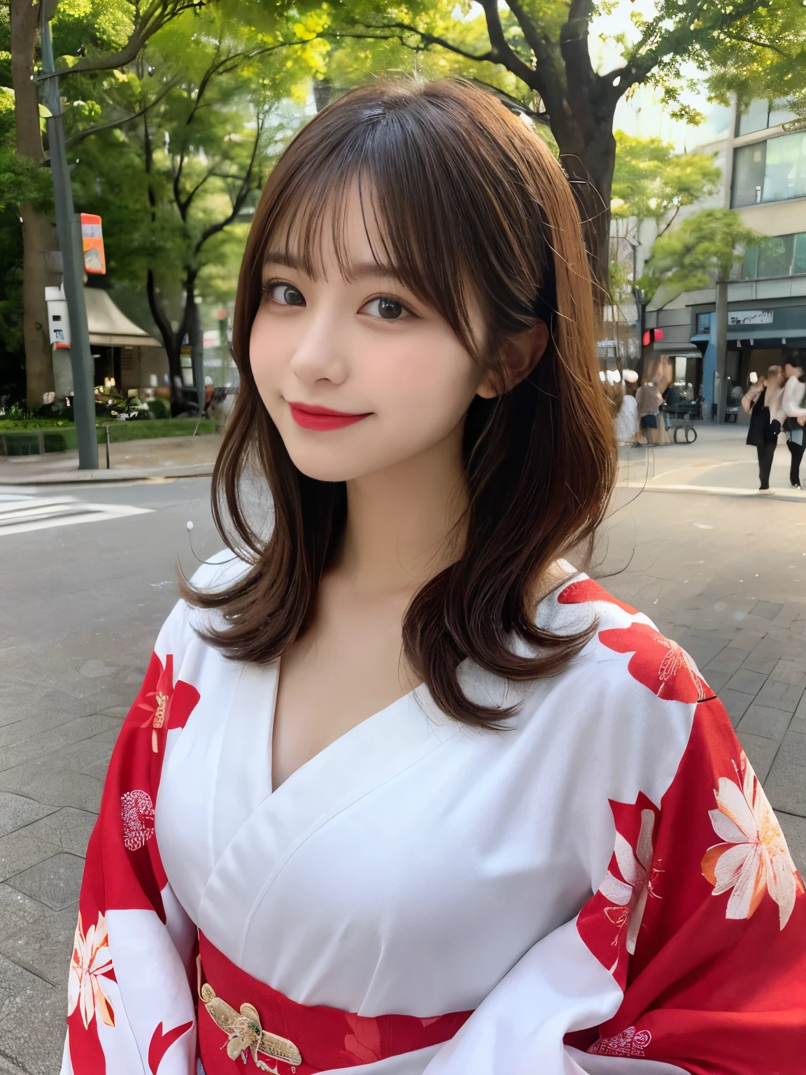 masutepiece, Best Quality, Illustration, Ultra-detailed, finely detail, hight resolution, 8K Wallpaper, Perfect dynamic composition, Beautiful detailed eyes, She wears a red kimono,Medium Hair,Natural Color Lip, Bold sexy poses,Smile,Harajuku、20 years girl、Cute、Sexy shot looking at camera、C Cup、Brown hair、cacique#39;s face、Blurred green park background