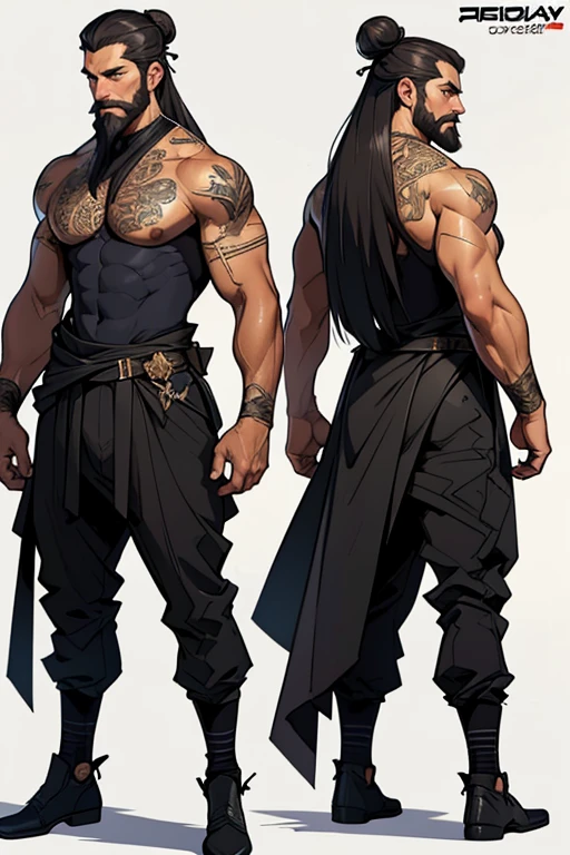 (realistic:1.3), insane detailed, quality, (masterpiece:1.2), (photorealistic:1.2), (best quality), (detailed skin:1.3), (intricate details), ray tracing, ((1male)), middle aged male, 50 years old, long bun hair, beard, muscular, Formal fantasy outfit, (blurred background), character design sheet，full bodyesbian, Full of details, body front view, body back view, Full body, ((Masterpiece, Highest quality)), Detailed face, character design sheet， full bodyesbian, Full of details, frontal body view, back body view, Highly detailed, Depth