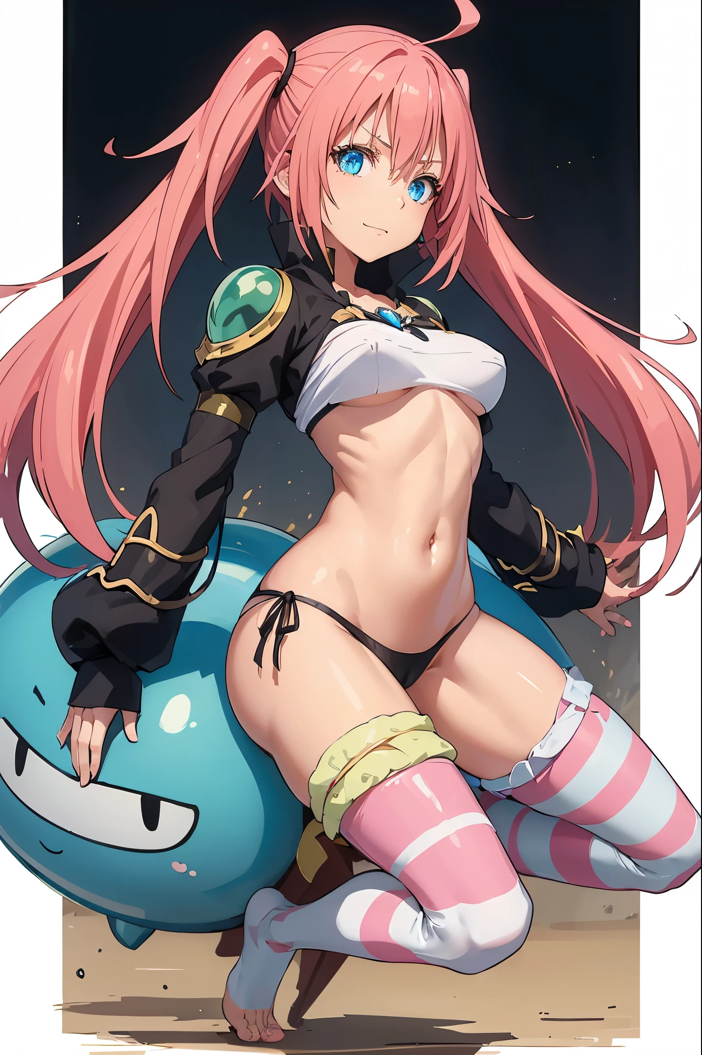 NSFW,(((clothed))),breast armor,masterpiece,I was a slime character（child）、Master Parts、Superior Quality、acurate、Animesco、child Demon King、Aimei、Beautiful and detailed blue eyes、A pink-haired、Bicordal、Proud double tail, Very short black bikini 、original medium breast、((Barefoot)), Muscular belly, ((Beautiful muscular legs)), thick leg, striped knee socks