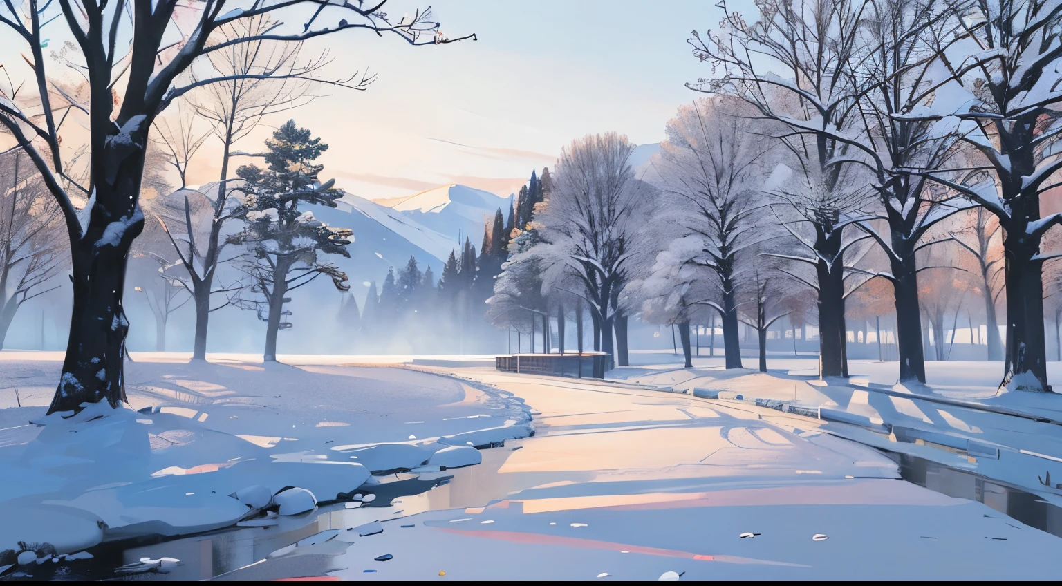 Snowy scene with a stream and trees in the foreground - SeaArt AI