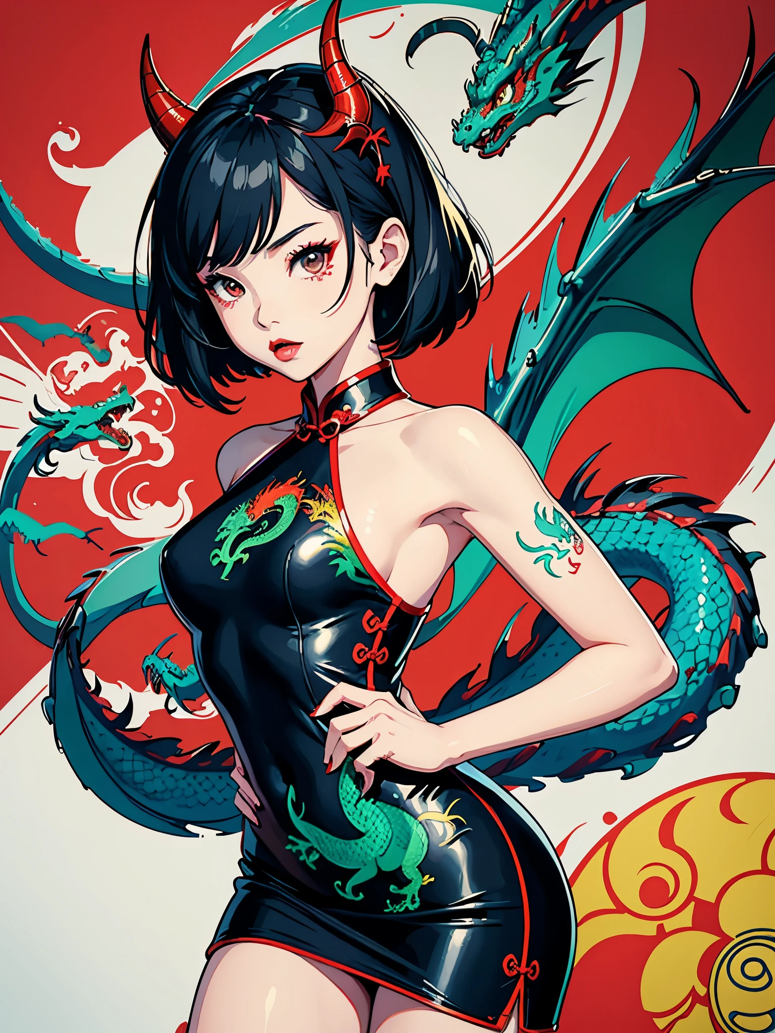 Create digital artwork in pop art style、Features a girl in a bright red cheongsam with long-legged details、Street fashion、Movie color schemes、Surrounded by vintage dragon motifs、Vivid brush strokes、Emotions must be dynamic、Upper body、Drawing、Illustration、grayscales、Tropical、many dragon、
