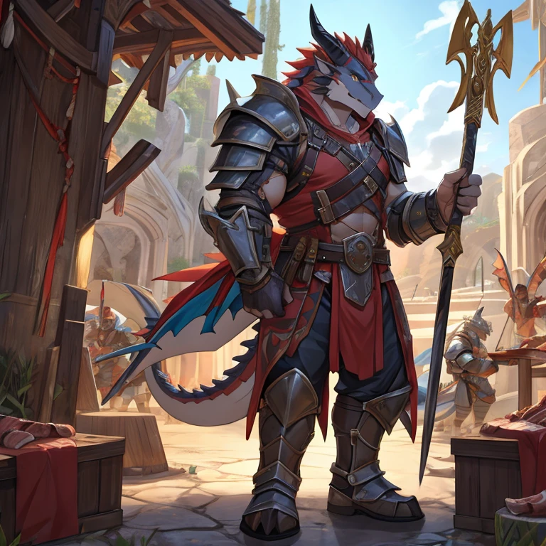 A dragon man，Weapon in hand，Armor，Meat balls，Detailed character details