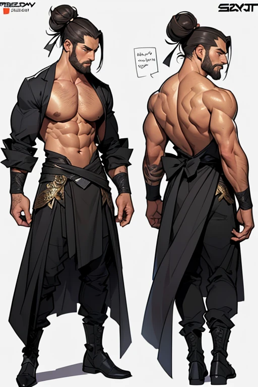 (realistic:1.3), insane detailed, quality, (masterpiece:1.2), (photorealistic:1.2), (best quality), (detailed skin:1.3), (intricate details), ray tracing, ((1male)), middle aged male, 50 years old, long bun hair, beard, muscular, Formal fantasy outfit, (blurred background), character design sheet,full bodyesbian, Full of details, body front view, body back view, Full body, ((Masterpiece, Highest quality)), Detailed face, character design sheet, full bodyesbian, Full of details, frontal body view, back body view, Highly detailed, Depth