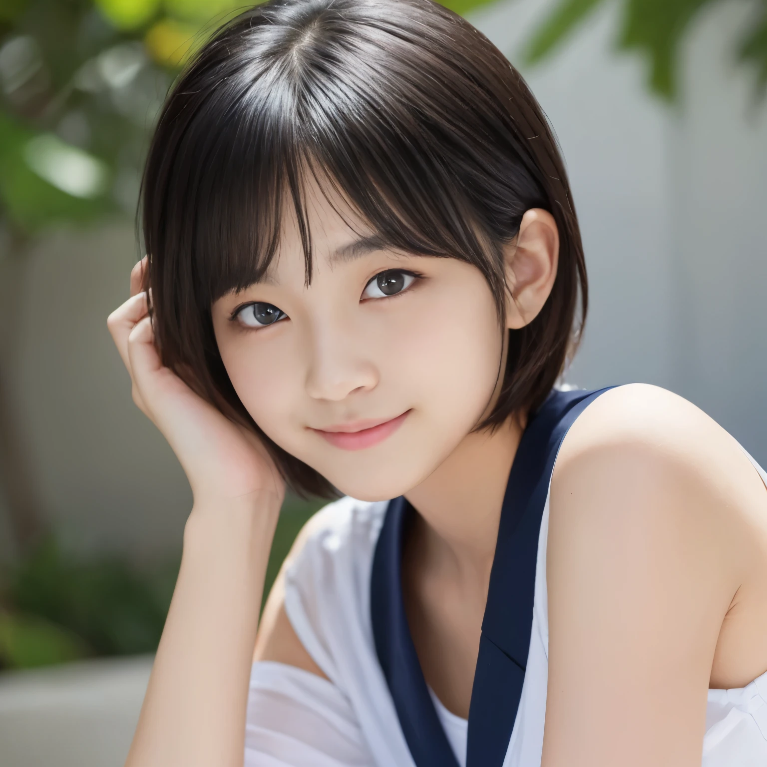 Best-quality, Masterpiece, Ultra-High-Resolution, (Photorealistic:1.4), Raw-Photo, Extremely-Detailed, Perfect-Anatomy,
1girl, 15-years-old, the famous Japanese idol, front view, sitting, innocent smile, both-hands on head, wearing only navy-blue-blazer on upper-body, ((extremely cute face like a most popular Japanese idol, extremely beautiful large-black-solid-circle-eyes, extremely beautiful blonde short-cut-haired)), extremely beautiful lips, extremely beautiful white skins, extremely beautiful long-eyelashes, extremely beautiful both-hands
