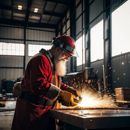 Santa Claus red hat welder uses grinding machine to cut metal in factory, arte de processo, fotografia industrial, safe operation. foto do instagram, aciaria, manufacturing, illustartion, miniatura, In the factory, Tochas de solda manual, imagem impressionante, foto de perfil, Pessoas no Trabalho, industries, vegetation,