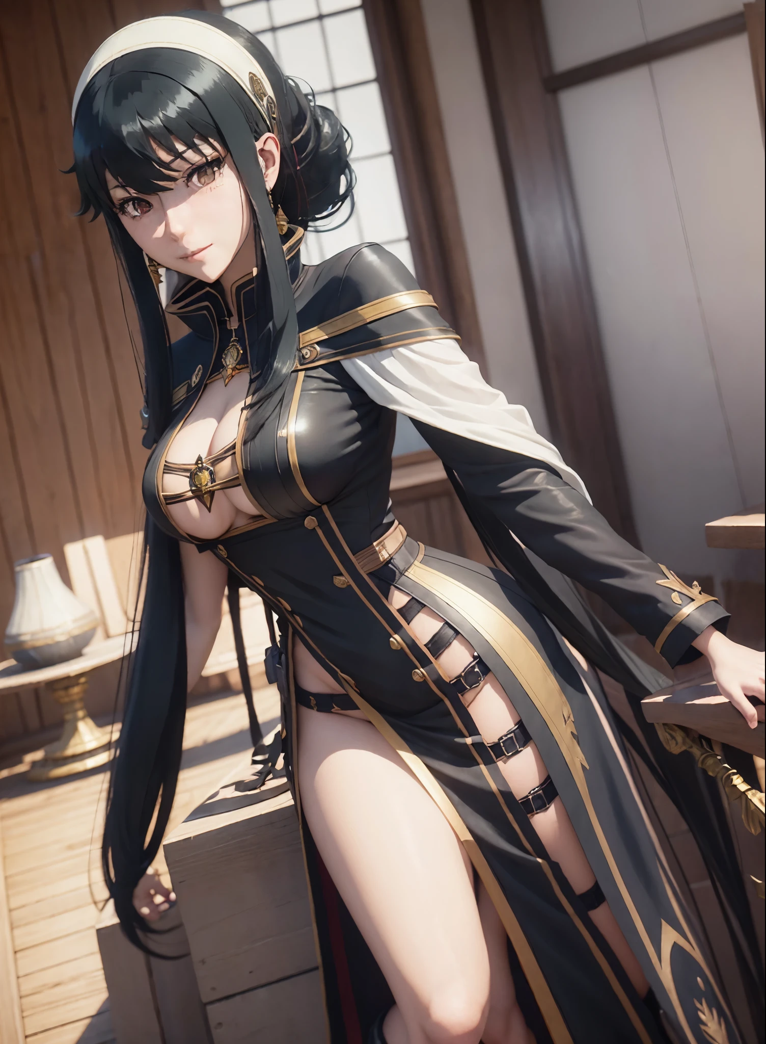 Anime character with long black hair and black dress, 2. 5 d cgi anime fantasy artwork, Official Character Art, cushart krenz key art feminine, shadowverse character concept, 3 d render official art, anime goddess, jrpg character art, render of a cute 3d anime girl,A sly smile