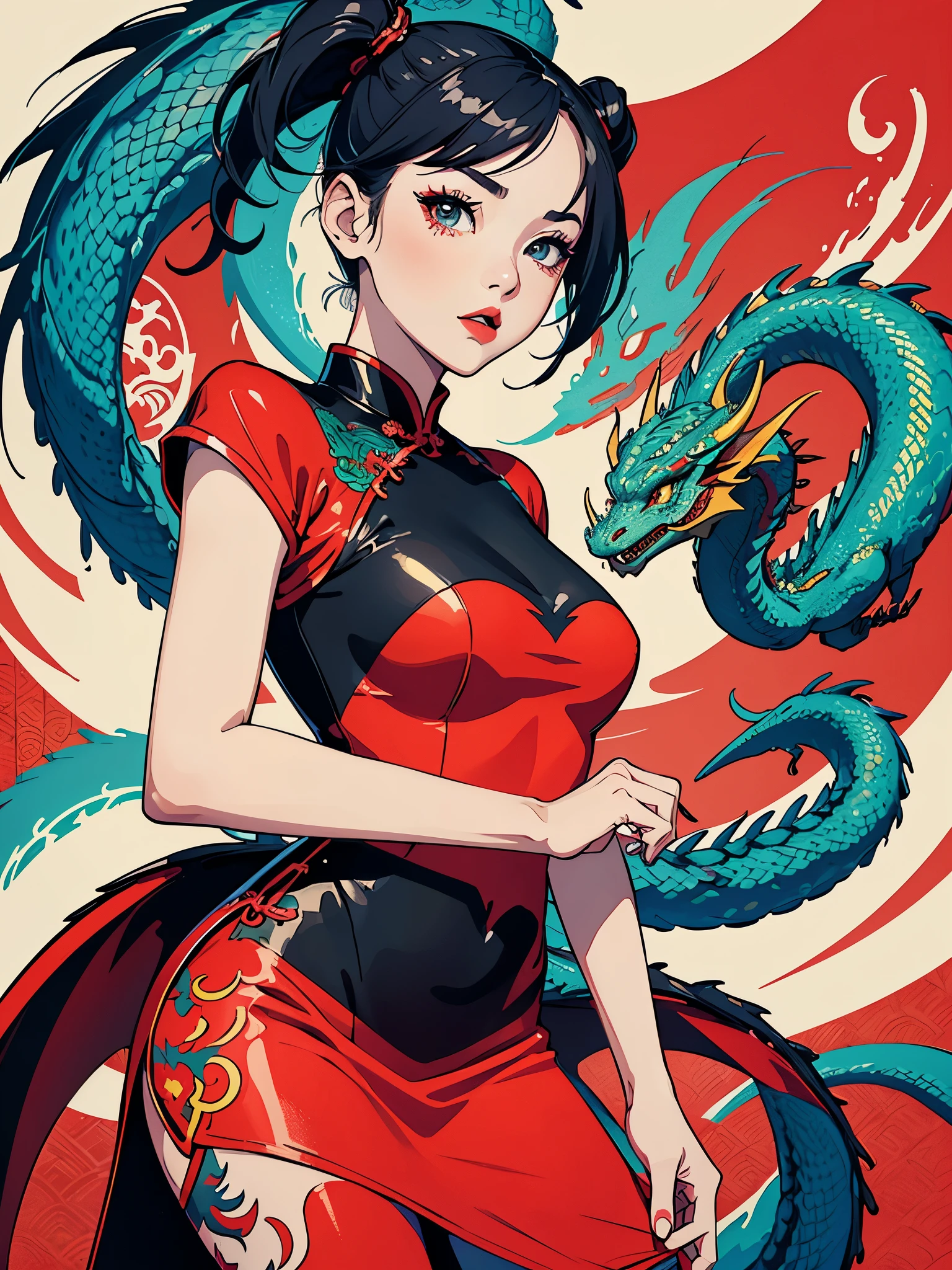Create digital artwork in pop art style、Features a girl in a bright red cheongsam with long-legged details、Street fashion、Movie color schemes、Surrounded by vintage dragon motifs、Vivid brush strokes、Emotions must be dynamic、Upper body、Drawing、Illustration、grayscales、Tropical、many dragon、