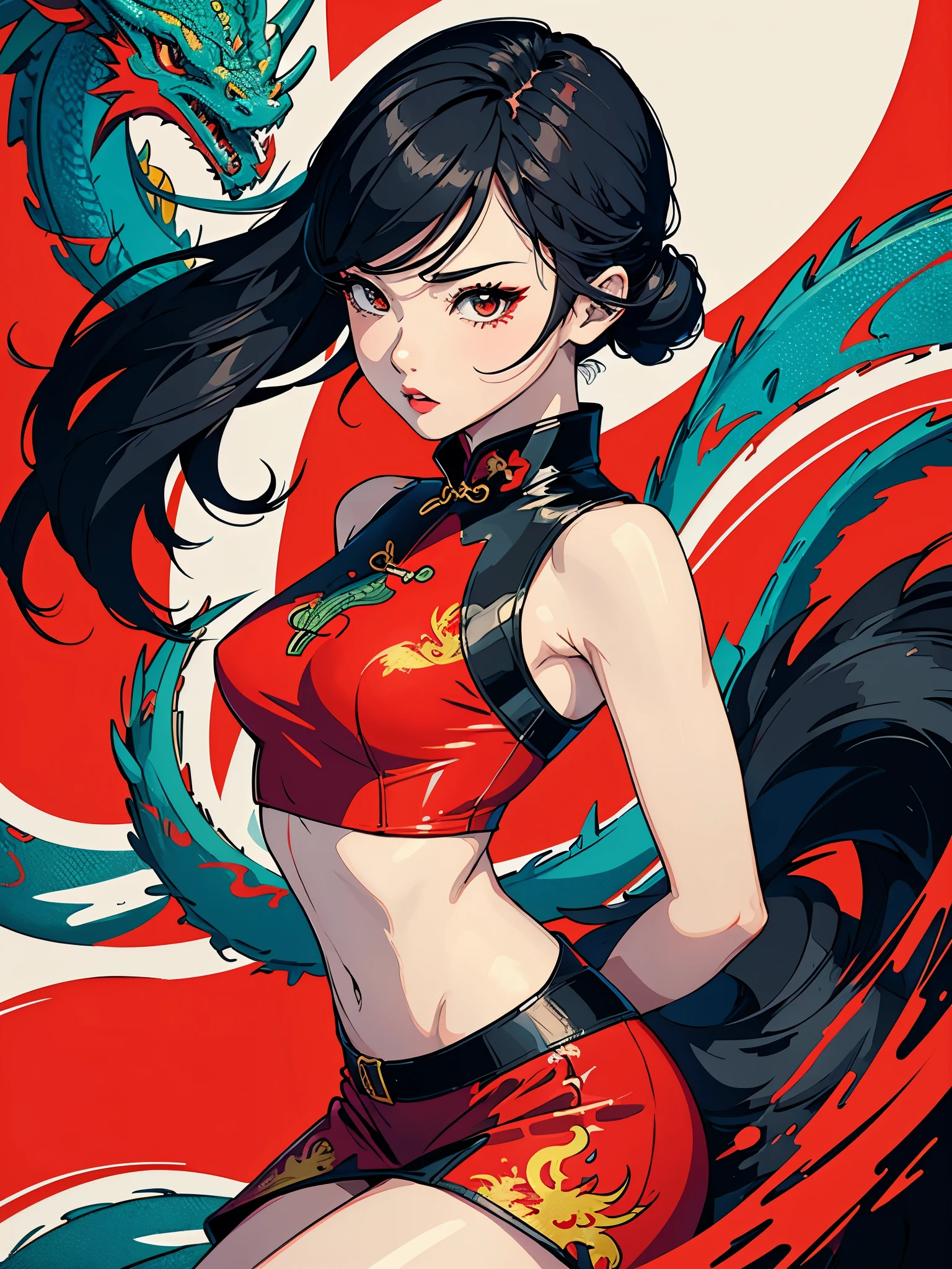 Create digital artwork in pop art style、Features a girl in a bright red cheongsam with long-legged details、Street fashion、Movie color schemes、Surrounded by vintage dragon motifs、Vivid brush strokes、Emotions must be dynamic、Upper body、Drawing、Illustration、grayscales、Tropical、many dragon、