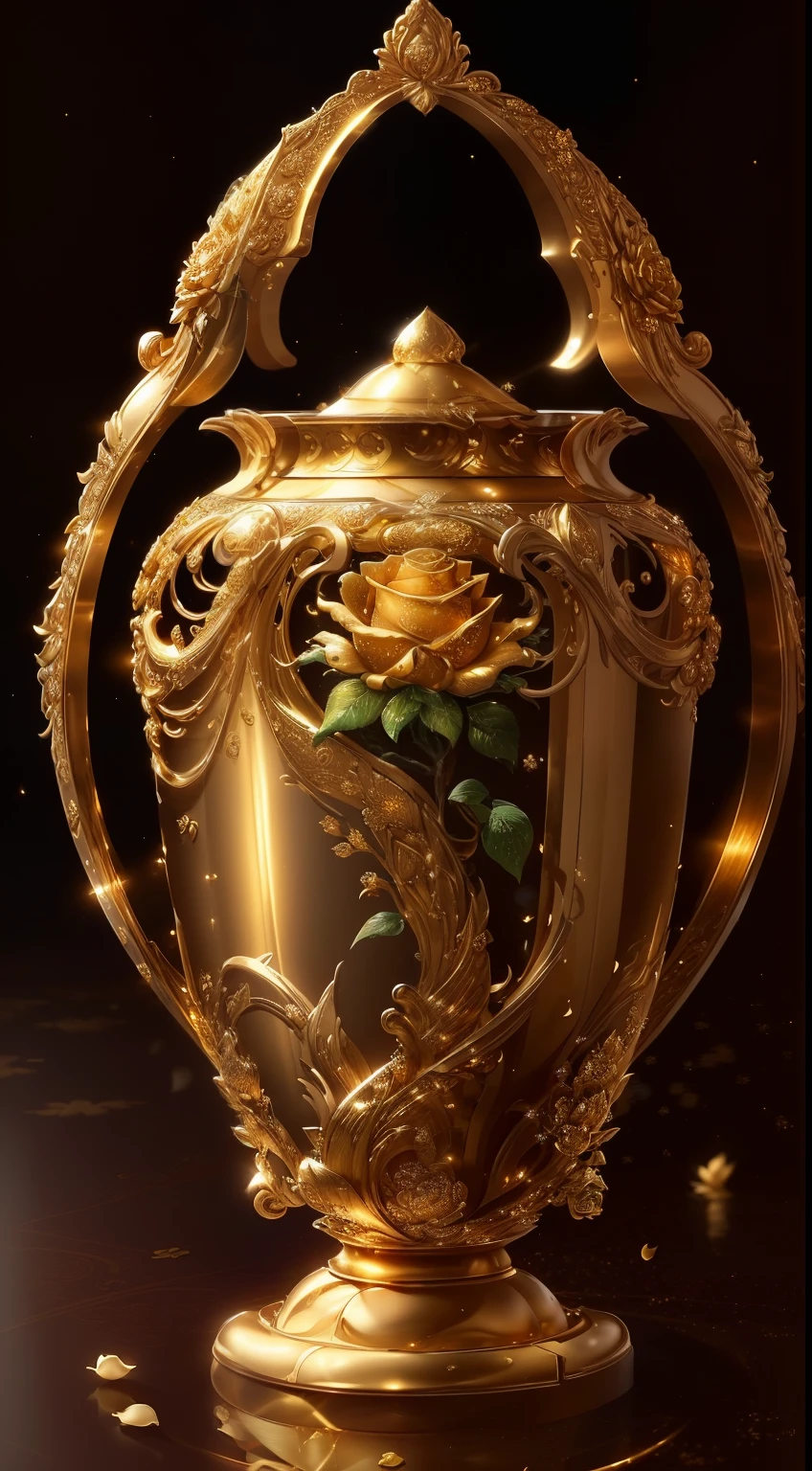 Best quality at best, A high resolution, actual:1.37), golden rose, Detailed petals, Complex design, glittery, posh, precious metals, delicate craftsmanship, Delicate curves, Rich cleavage纹理, 闪闪glowing反射, intricate engraving, vivd colour, 美丽的构图, masterful artwork, glowing, golden tone, attractive beautiful, Surreal, Rich cleavage, Timeless elegance
