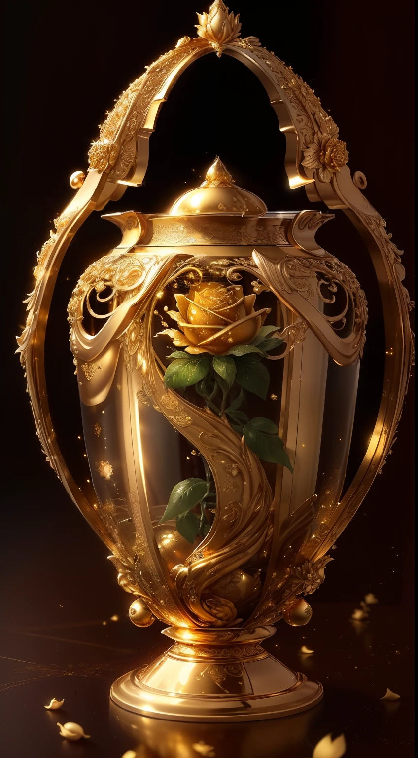 Best quality at best, A high resolution, actual:1.37), golden rose, Detailed petals, Complex design, glittery, posh, precious metals, delicate craftsmanship, Delicate curves, Rich cleavage纹理, 闪闪glowing反射, intricate engraving, vivd colour, 美丽的构图, masterful artwork, glowing, golden tone, attractive beautiful, Surreal, Rich cleavage, Timeless elegance