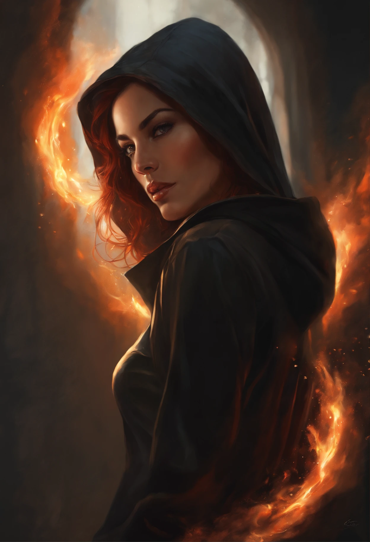 Photo of a woman with black hair and a hoodie., Engulfed in flames, Fire clothes, fire, scratch on face, beautiful character painting, black haired goddess, graphic artist magali villeneuve, alena aenami and artgerm, fantasy concept art portrait, female redhead templar, Artgerm Craig Mullins, charlie bowater character art, magali villeneuve', charlie bowater rich deep colors, gorgeous digital painting