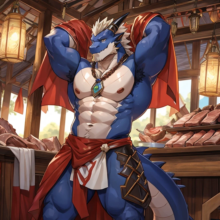 A dragon man,Meat balls,Raise your arms,Less clothes,Detailed character details