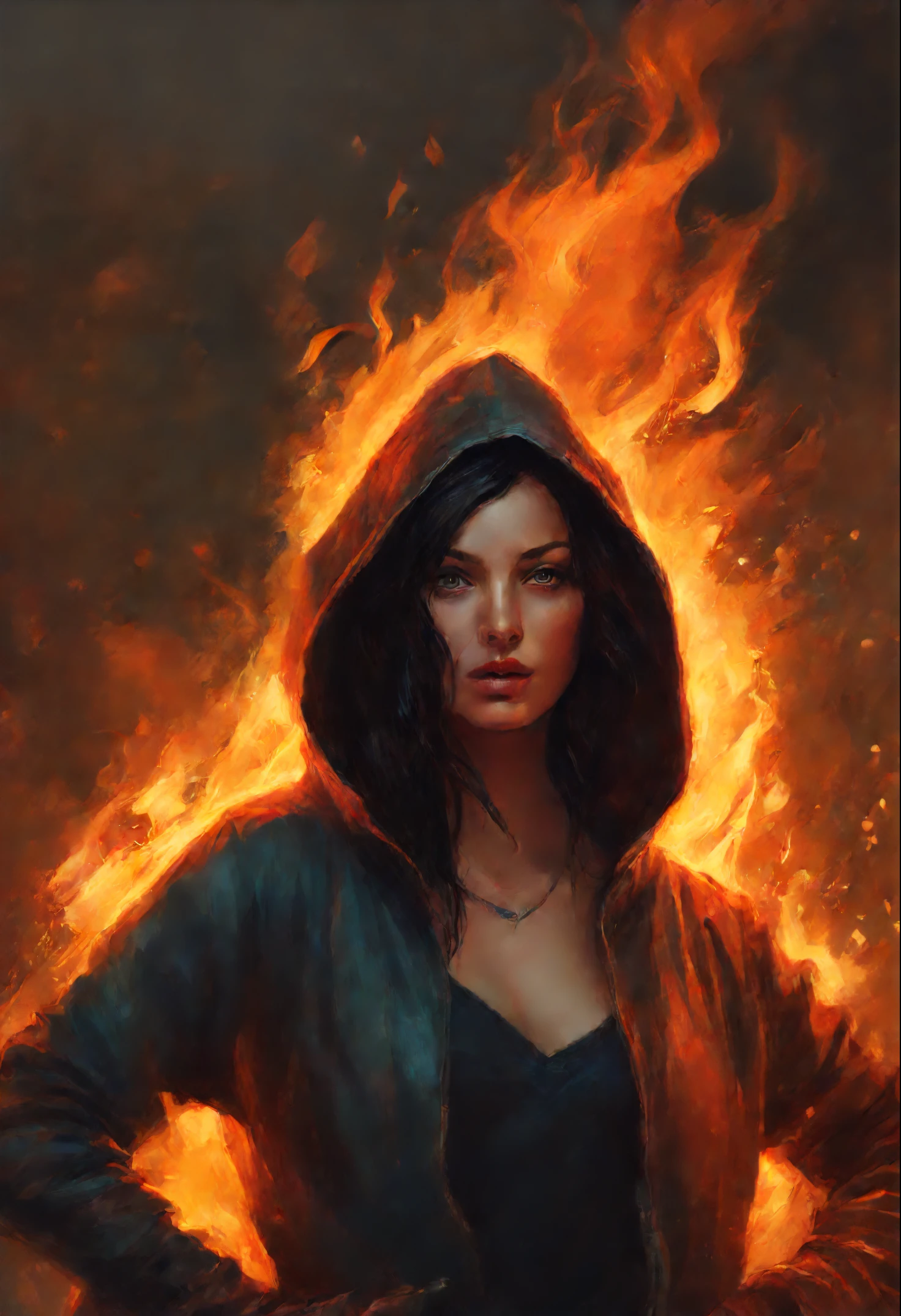 Picture of a woman with black hair and a hoodie, fire, scratch on face, beautiful character painting, black haired goddess, graphic artist magali villeneuve, alena aenami and artgerm, fantasy concept art portrait, female redhead templar, Artgerm Craig Mullins, charlie bowater character art, magali villeneuve', charlie bowater rich deep colors, gorgeous digital painting