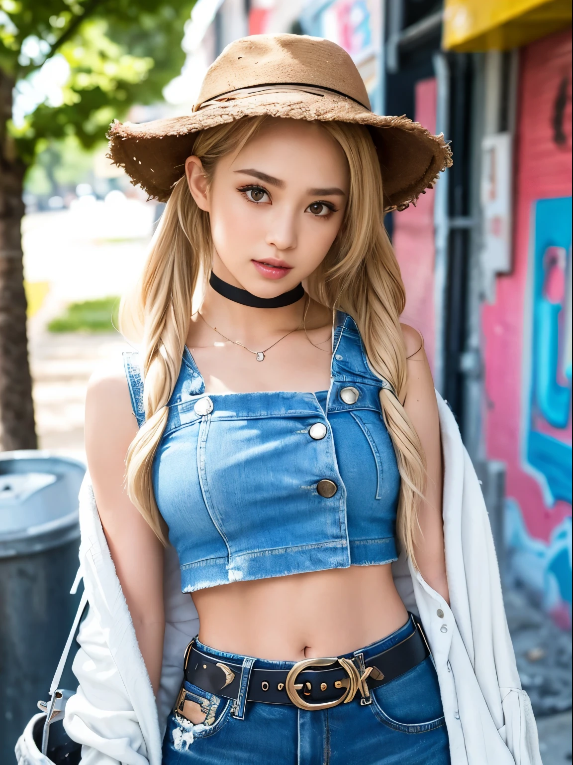 Original Character, with sunglass, Volumetric lighting, Best Shadow, Shallow depth of field, Portrait of a stunning girl, Petite, Delicately beautiful and attractive face, alluring yellow eyes, Messy Painted Face, Sharp Eyebrows, Bright smile, Open mouth, Fangs Exposed, cute medium breasted, layered long ponytail blonde hair, Blush Eyeshadow, thick eyelashes, Applejack Hat, Oversized Pop Jacket, Mini Underboob Tee, croptop, croptop, Slim waist, Denim jeans, With belt with buckle, In The Graffiti Alley, trash can, Outside the stairs, Outdoor Unit, Holding Spray Paint Can, Standing, (Highest Quality, Amazing detail: 1.25), (Solo: 1.3), Brilliant and Colorful Painting