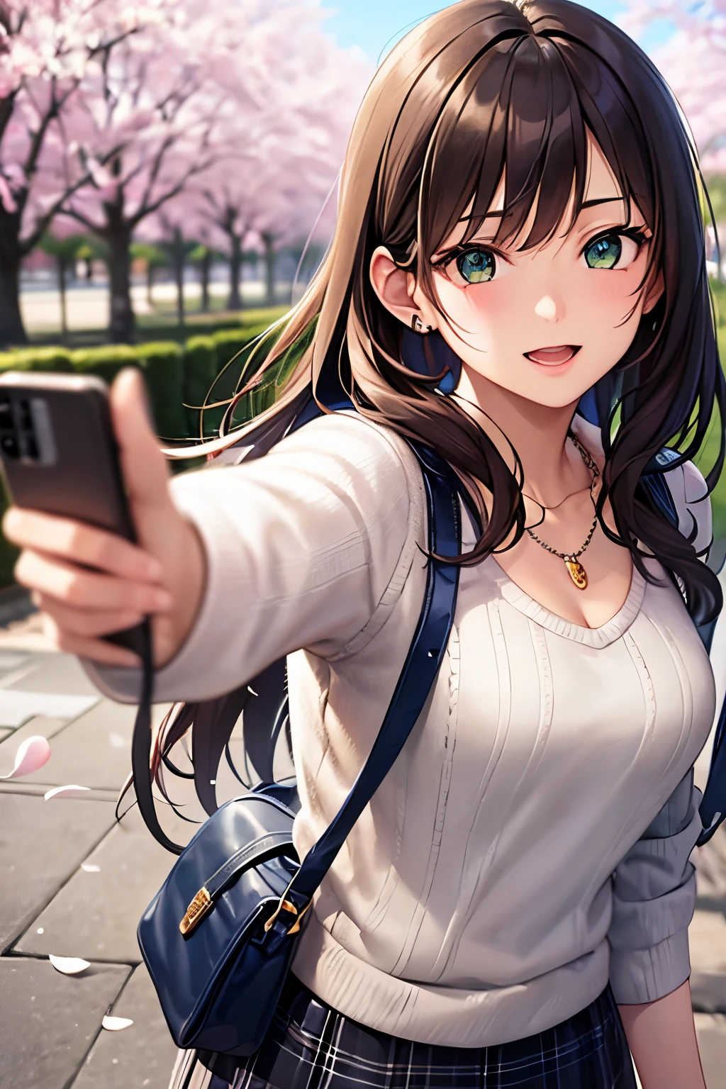 ((masutepiece, Best Quality, hight resolution, nffsw, Perfect Pixel, depth of fields, 4K, nffsw, nffsw))), 1girl in, Single, Solo, Beautiful anime girl, Beautiful Art Style, Anime Character, ((Long hair, Bangs, Brown hair)), ((Green eyes:1.4, rounded eyes, Beautiful eyelashes, Realistic eyes)), ((Detailed face, Blushing:1.2)), ((Smooth texture:0.75, Realistic texture:0.65, Photorealistic:1.1, Anime CG style)), ((medium breasts, cleavage, busty)), Dynamic Angle, Perfect body, ((POV, Selfie Pose, Portrait)), ((White sweater, Long sleeve, Black skirt, plaid skirts, Fashionable, 1 handbag, 1 diamond necklace)), Smile, Open mouth, amusement park, ((The cherry tree, Cherry blossoms fall))