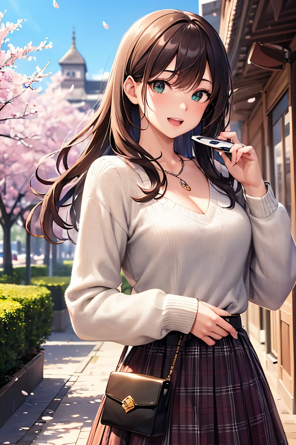 ((masutepiece, Best Quality, hight resolution, nffsw, Perfect Pixel, depth of fields, 4K, nffsw, nffsw))), 1girl in, Single, Solo, Beautiful anime girl, Beautiful Art Style, Anime Character, ((Long hair, Bangs, Brown hair)), ((Green eyes:1.4, rounded eyes, Beautiful eyelashes, Realistic eyes)), ((Detailed face, Blushing:1.2)), ((Smooth texture:0.75, Realistic texture:0.65, Photorealistic:1.1, Anime CG style)), ((medium breasts, cleavage, busty)), Dynamic Angle, Perfect body, ((POV, Selfie Pose, Portrait)), ((White sweater, Long sleeve, Black skirt, plaid skirts, Fashionable, 1 handbag, 1 diamond necklace)), Smile, Open mouth, amusement park, ((The cherry tree, Cherry blossoms fall))