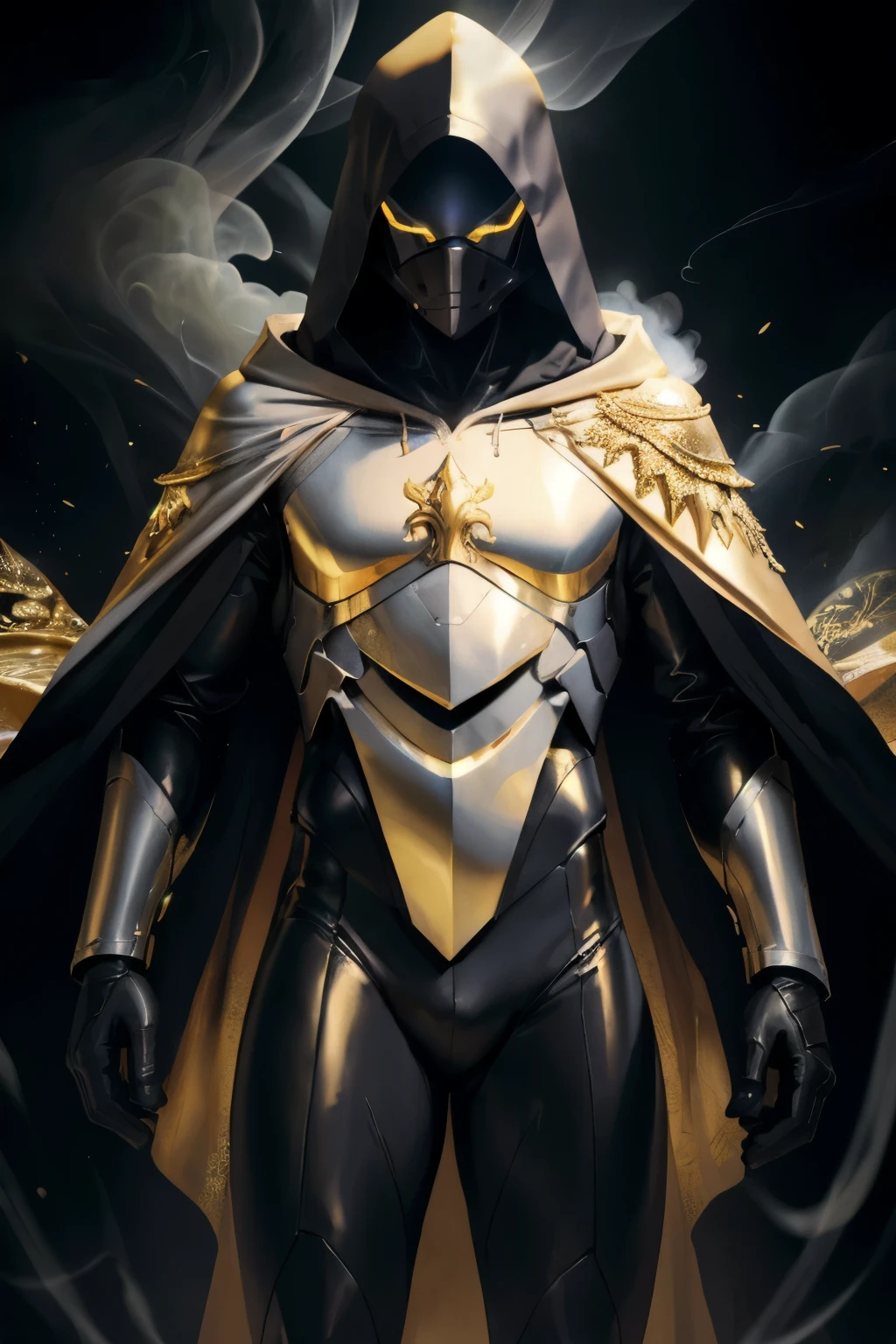 Dark fantasy, shadow knights, (( white and gold plug suit, black smoke in plug suit)), (burning eyes:1), (white, gold hooded cloak of leather material),(fractal art:1.2), cave background, transparency, caustics, optics, surreal, magic,
masterpiece, perfect anatomy, 32k UHD resolution, best quality, highres, realistic photo, professional photography,cinematic angle, reflection lights, closed up,
