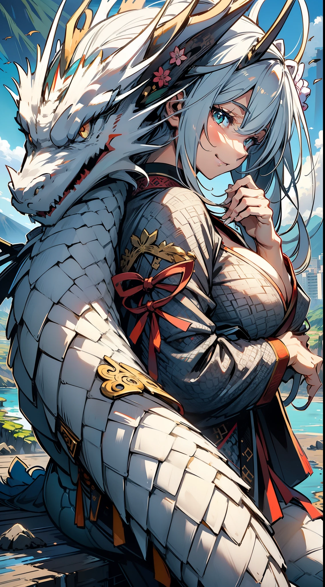 top-quality,Top image quality,in 8K,4K,masterpiece,ultra-detailliert,Beautiful、ultra-quality, best quality,high resolution, ultra-detailed,game cg,dutch angle,(beautiful detailed eyes),five fingers, perfect hands,a beauty girl,(human-dragon hybrid),独奏,looking at viewert,upper body,front view,silber hair,Long,January,coastline,Mt fuji,A dragon flies in the sky,sitting,(Black furisode),((White dragon pattern)),a miniskirt,dragon horn on head,medium breasts,cleavage of the breast,thighs thighs thighs thighs,seductive smile,dynamic pose,
