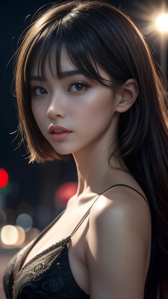 8k, masterpiece, RAW photo, best quality, photorealistic, extremely detailed CG unity 8k wallpaper, Depth of field, Cinematic Light, Lens Flare, Ray tracing, (extremely beautiful face, beautiful lips, beautiful eyes), intricate detail face, ((ultra detailed skin)), 1girl, 20 year old Korean girl, medium short brown hair, double eyelids, slender body, black dress, highly detailed, ultra realistic, outdoor night street, zoom out