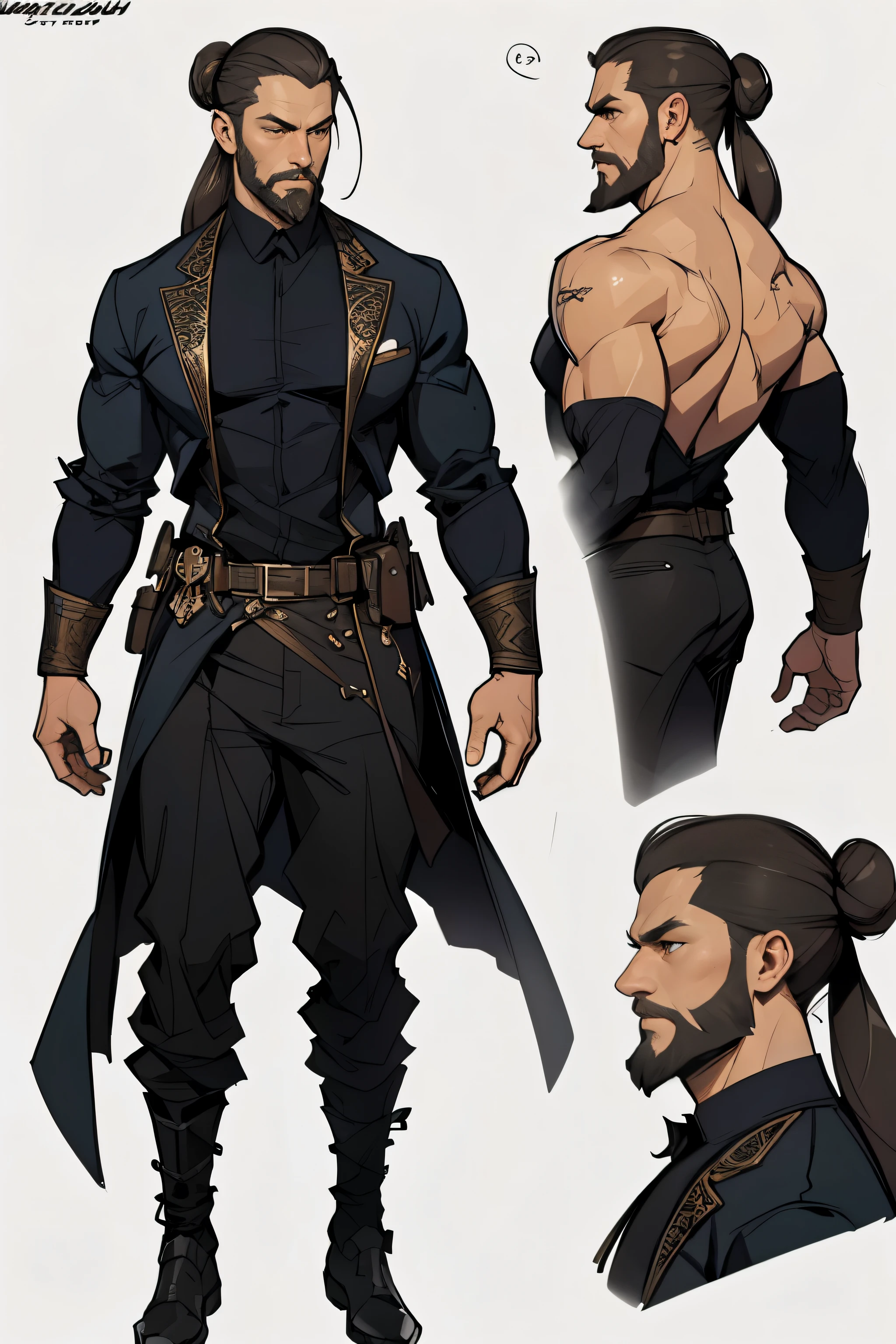 (realistic:1.3), insane detailed, quality, (masterpiece:1.2), (photorealistic:1.2), (best quality), (detailed skin:1.3), (intricate details), ray tracing, ((1male)), middle aged male, 50 years old, long bun hair, beard, muscular, Formal fantasy outfit, (blurred background), character design sheet,full bodyesbian, Full of details, body front view, body back view, Full body, ((Masterpiece, Highest quality)), Detailed face, character design sheet, full bodyesbian, Full of details, frontal body view, back body view, Highly detailed, Depth
