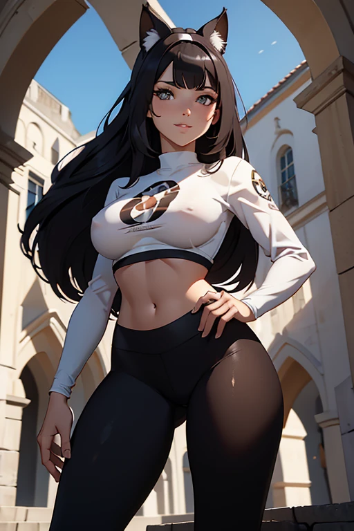 beautiful young female warrior fighter with cat ears on her head, com rosto bem detalhado e bonito, belos olhos, belos olhos, rosto lindo, beautiful young woman wearing long brown leggings with black details, sueter apertado branco, standing in a castle, usando bota preta, cabelo comprido com franja preto, ,orelhas de gato, belo sorriso, tomboy, um pouco musculosa,suter branco com cinta em volta, olhar serio,usando jaqueta de couro apertado preto, com ombreiras de prata nos ombros