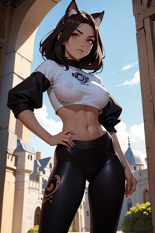 beautiful young female warrior fighter with cat ears on her head, com rosto bem detalhado e bonito, belos olhos, belos olhos, rosto lindo, beautiful young woman wearing long brown leggings with black details, sueter apertado branco, standing in a castle, usando bota preta, cabelo comprido com franja preto, ,orelhas de gato, belo sorriso, tomboy, um pouco musculosa,suter branco com cinta em volta, olhar serio,usando jaqueta de couro apertado preto, com ombreiras de prata nos ombros