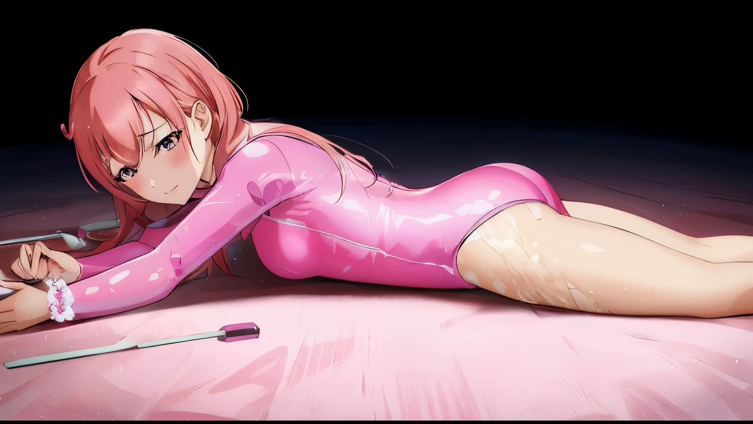 Anime - style girl in a pink leotard lying on the floor holding a knife, best anime 4k konachan wallpaper, Seductive Anime Girl, bubblegum body, humanoid pink female squid girl, Pink body, Smooth Anime CG Art, Ilya Kuvshinov. 4 k, pink girl, covered in pink flesh, photorealistic anime girl render, beautiful anime girl squatting