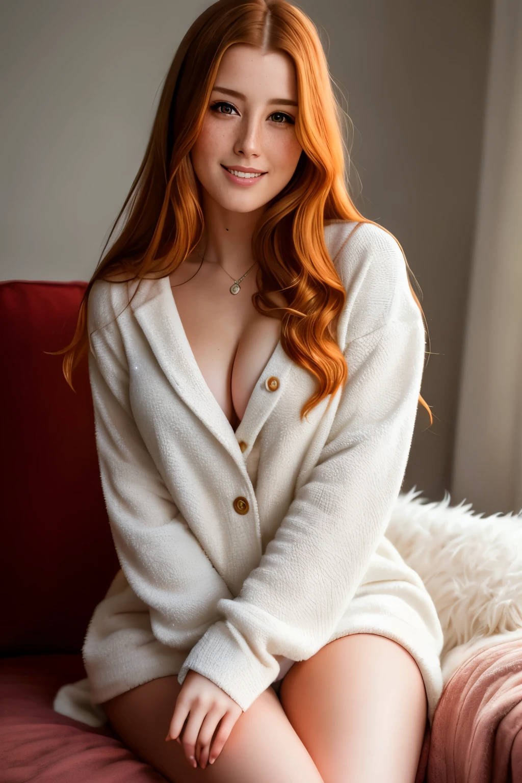 best quality, masterpiece, high_res, 1girl, full body photo, beautiful cute woman in her late twenties with long, ginger hair, Beautiful face, almond shaped eyes, in a xmas setting at home, just relaxing on the sofa, dressed in pyjamas, tyndall effect, photo realistic, rim lighting, two tone lighting, (high detailed skin:1.2), 8k uhd, dslr, soft lighting, high quality, volumetric lighting, candid, Photograph, high resolution, 4k, 8k, absurdres, knowing smile, not looking at the camera