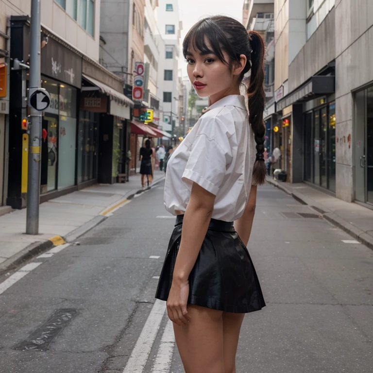 Beautiful girl, half Thai-Japanese face, super model figure, hands and feet have beautiful details. Wear a white shirt and a short black skirt. Standing on the side of a city street, she had tan skin, pigtails, bangs, and red lipstick on her lips. Full body tattoo