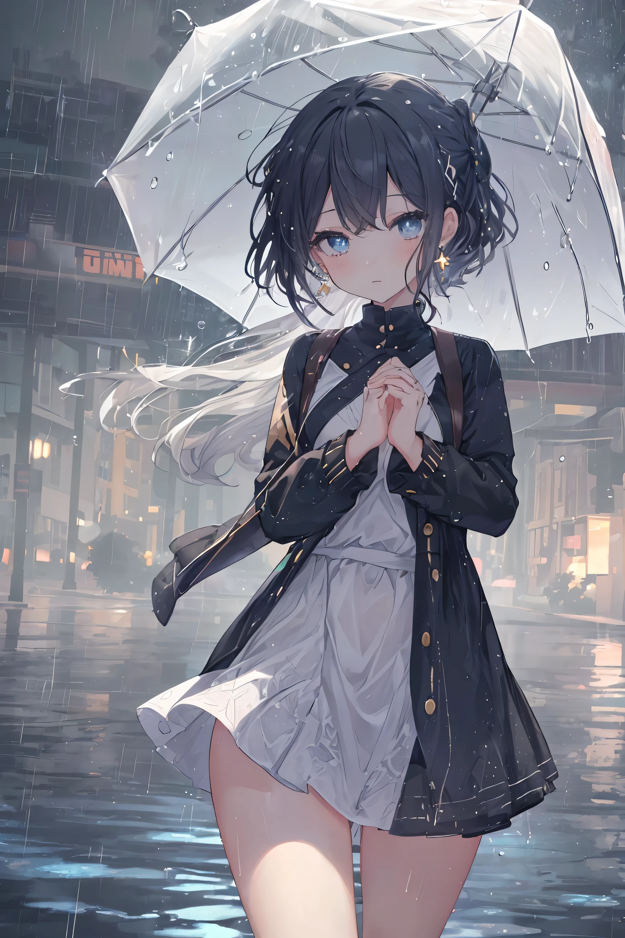 {((Anime, sur l’art, profondeur de champ, Flou de mouvement, Lumière rougeoyante, UHD, rétine, Chef-dœudansre, ccurate, anatomiquement correct, peau texturée, Super détail, high détails, de la haute qualité, Primé, meilleur qualité, Haute résolution, 16k))} . | {((Filles mignonnes, Beaux yeux détaillés, joyeux))} . | {((boucles d'oreilles en forme d'étoile, vêtements décontractés))} . | {((en ville, marche, Pleut, goutte d’eau))} . | {((Grands angles, Haut du corps, (Parfait_doigts:1.0), (Parfait_jambes:1.0), mieux_mains, plus_détail))}