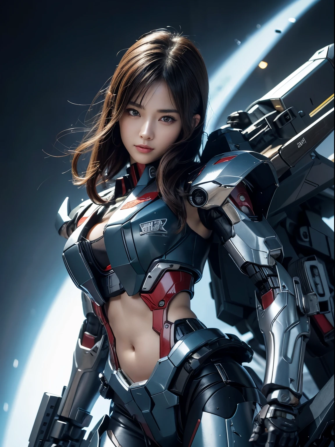 Textured skin, Super Detail, high details, High quality, Best Quality, hight resolution, 1080p, hard disk, Beautiful,(Gundam),beautiful cyborg woman,Mecha Cyborg Girl,Battle Mode,Girl with a Mecha Body,彼女は未来的なGundamメカを身に着けています,Fulll body Shot