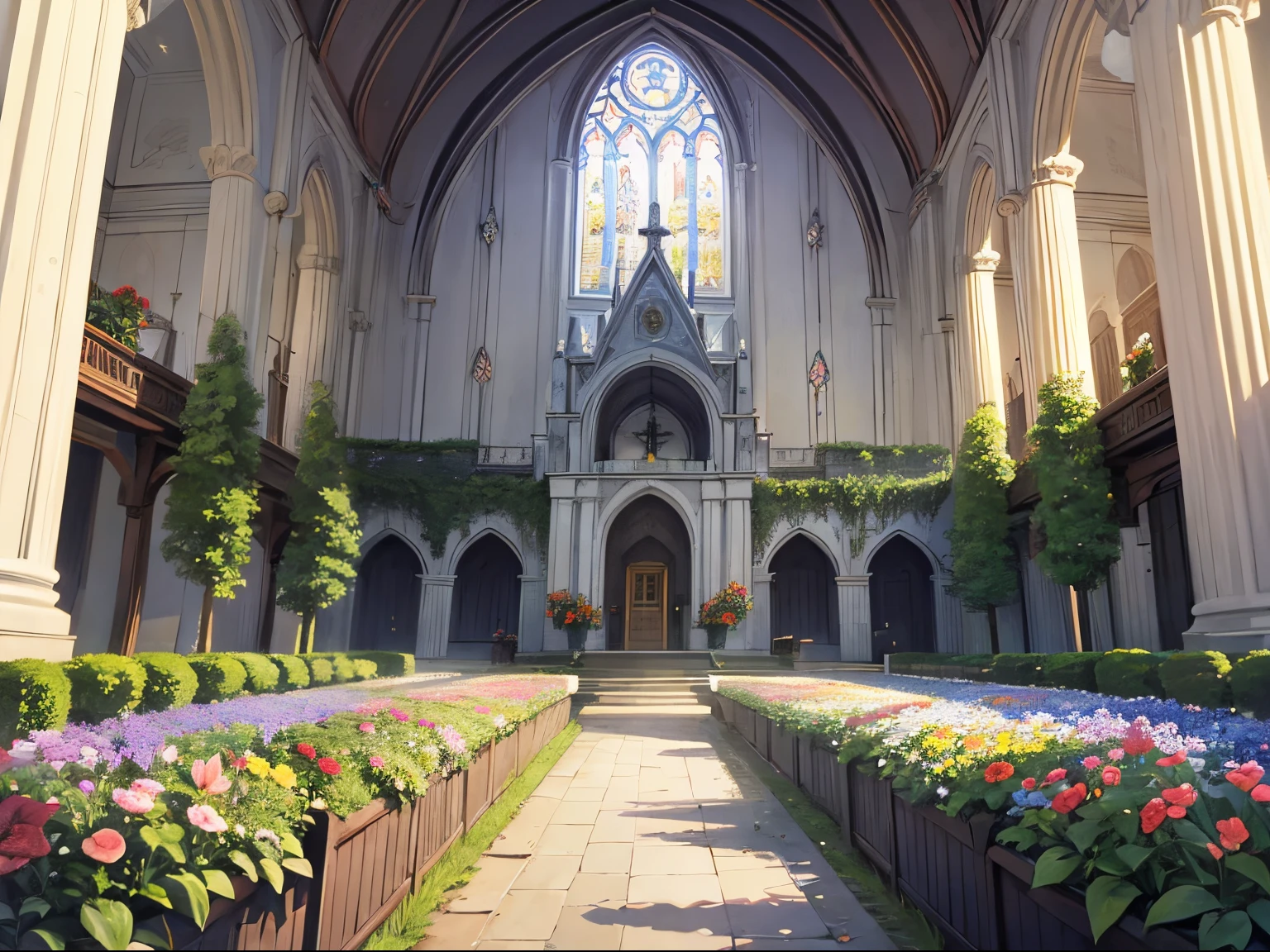 fenced church、There is a flower garden around the church