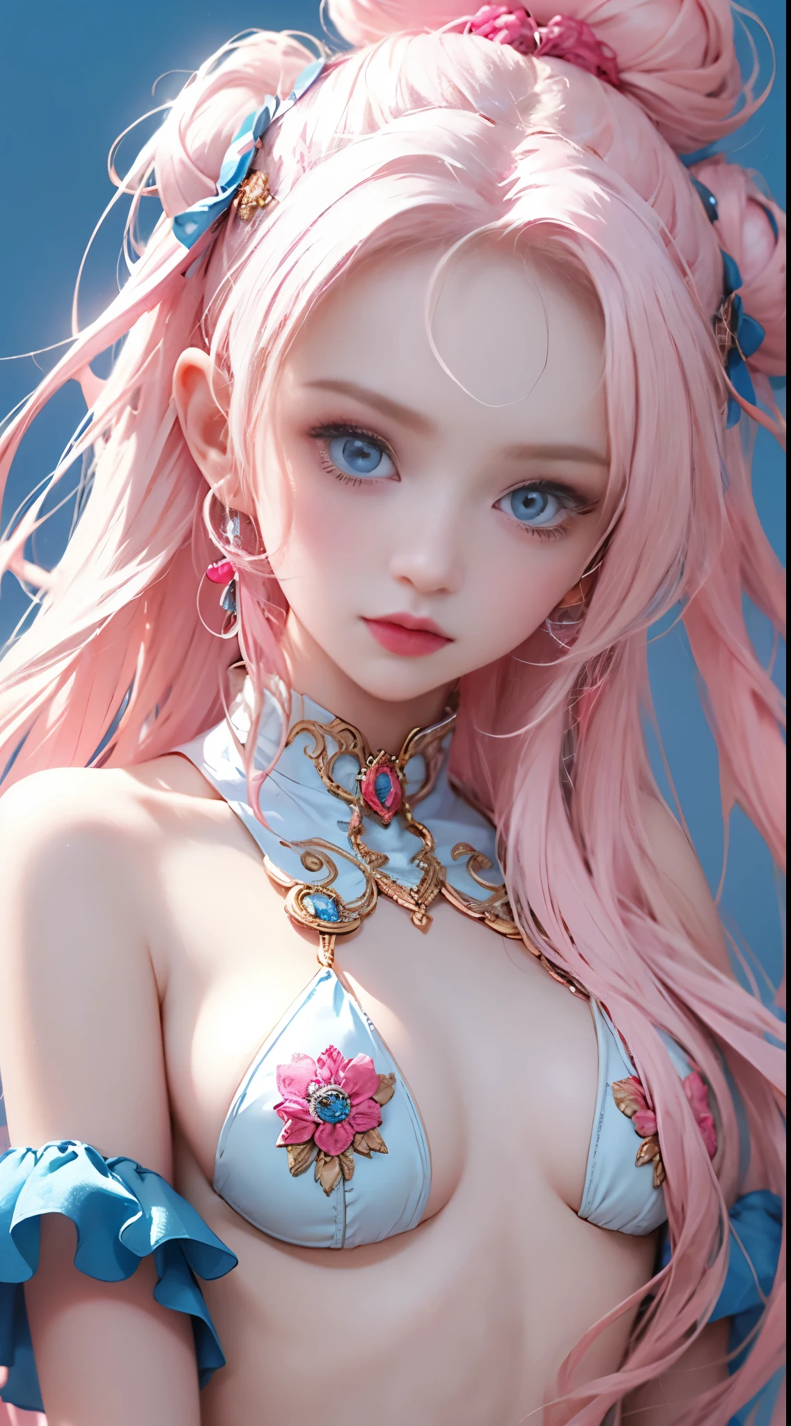 Light blue and red color scheme，pink nipple，little body，Petite，White curly hair, high detail, best quality, supper detail, detail eyes, pink ,  background, 5/6 body, hair over nipple