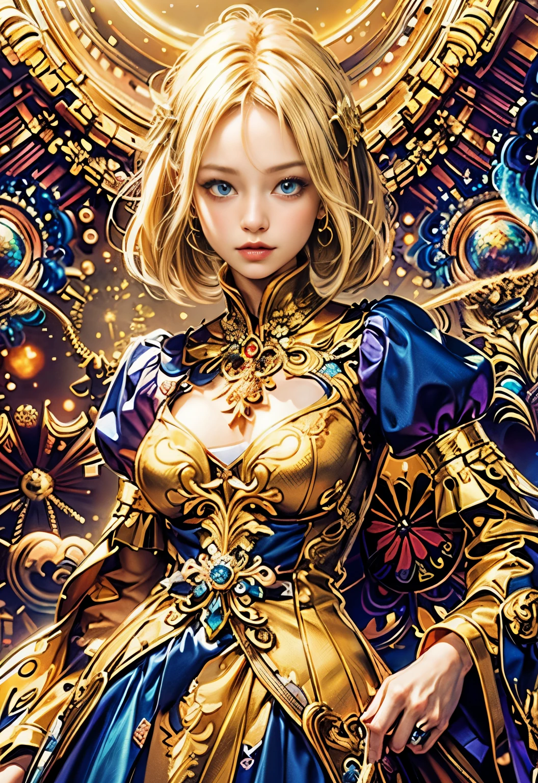 (masutepiece, of the highest quality, Best Quality, Official art, Beautiful and aesthetic:1.2), (1womanl), ighly detailed,(Fractal Art:1.3),Colorful,highest details, she has blonde hair and blue eyes,,woman in the center of the photo, she is wearing a golden luxurious dress