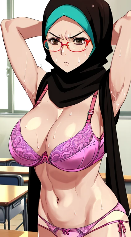 Photo of a milf asian female teacher with saggy breast (((teach))) in front of classroom, 40yo, busty body, tall body, tanned skin, dimples, light, detailed face, embarrassed face, ((looking disgusted)), ((very angry)), (dissapointed),(((arms behind head))), Perfect breasts, big breasts, natural breasts, big nipples, G cup, (((brown hijab))), (((glasses))),(((colorful bra))), (((colorful panties))),(sweat:1.0), (wet)