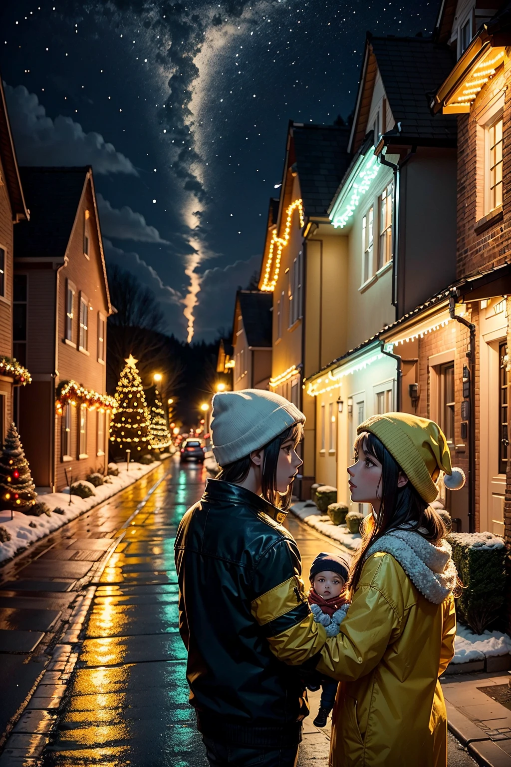illuminated road, Christmas lights and decorations, a yellow car, a family admiring the decorations