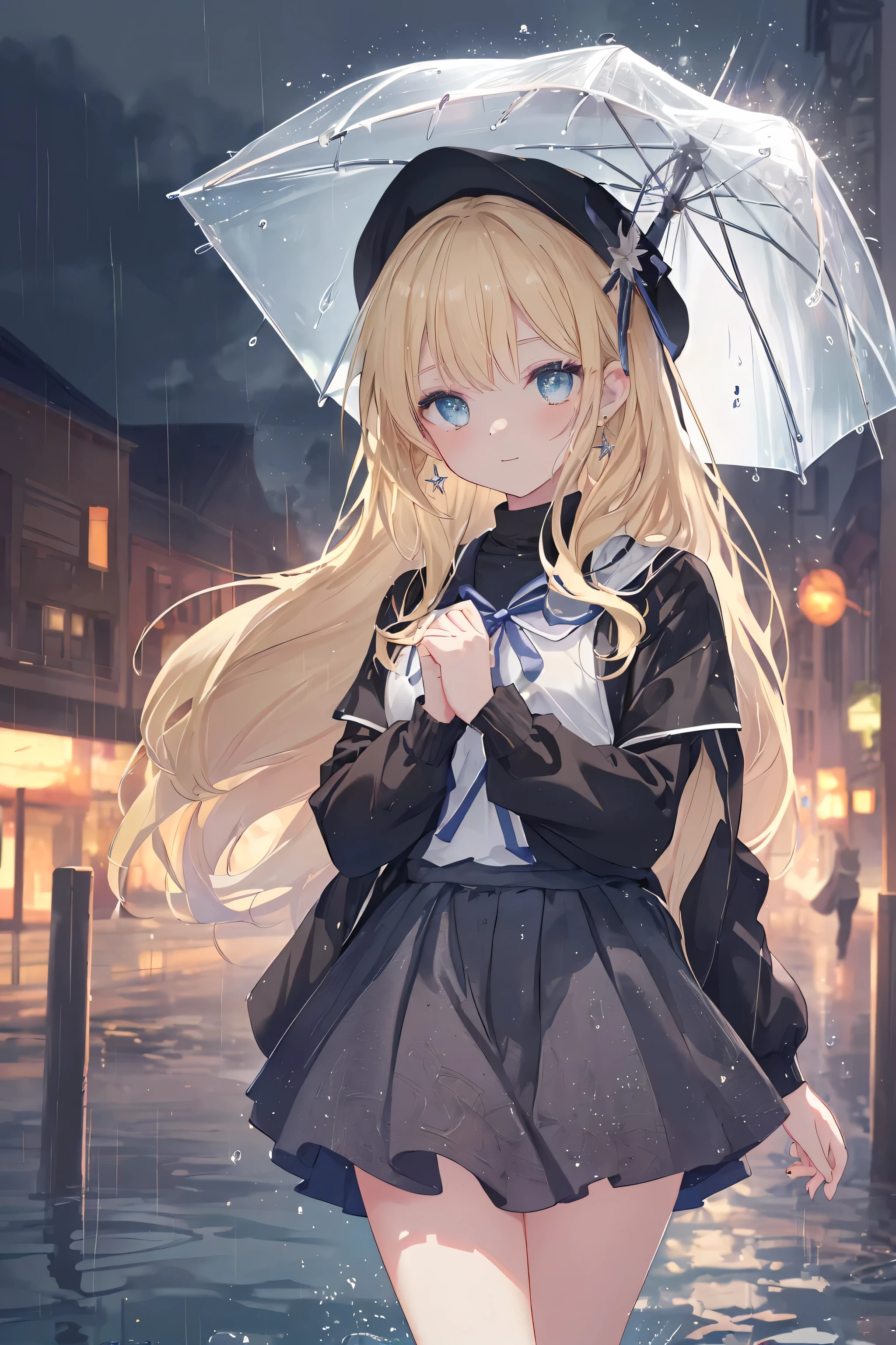 {((Anime, sur l’art, profondeur de champ, Flou de mouvement, Lumière rougeoyante, UHD, rétine, Chef-dœudansre, ccurate, anatomiquement correct, peau texturée, Super détail, high détails, de la haute qualité, Primé, meilleur qualité, Haute résolution, 16k))} . | {((Filles mignonnes, Beaux yeux détaillés, joyeux))} . | {((boucles d'oreilles en forme d'étoile, vêtements décontractés))} . | {((en ville, marche, Pleut, goutte d’eau))} . | {((Grands angles, Haut du corps, (Parfait_doigts:1.0), (Parfait_jambes:1.0), mieux_mains, plus_détail))}, Blond_noir_cheveux