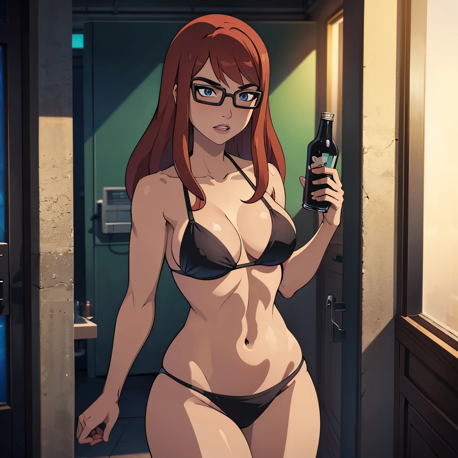 CARTOON_barbara_ownwaifu,cell Shading,anime coloring,black bikini,holding a soda,masterpiece,best quality,.ownwaifu.com,long hair,glasses,red hair,blue eyes,black-framed eyewear,breasts,under-rim eyewear,semi-rimless eyewear, curvy, toned, large breasts, narrow waist