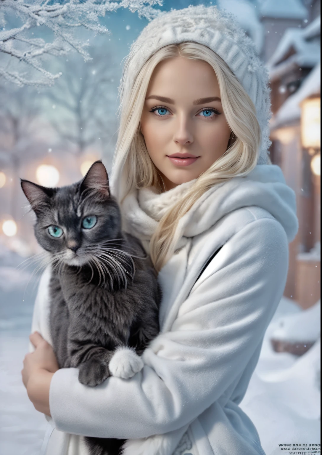 A gorgeous European blonde woman, she's a men's magazine model, flirts with camera, in a white coat holding a dark grey ragdoll cat in her arms, goddess of winter, graphic artist magali villeneuve, inspired by Magali Villeneuve, karol bak uhd, beautiful digital artwork, winter, dark grey ragdoll cat